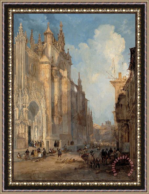 Genaro Perez Villaamil Seville Catedral on The Side of The Steps Framed Painting