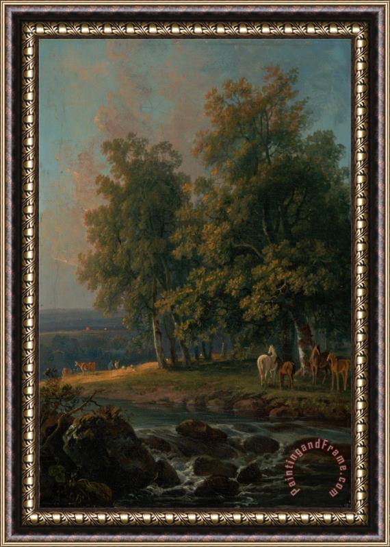 George Barret Horses And Cattle by a River Framed Print