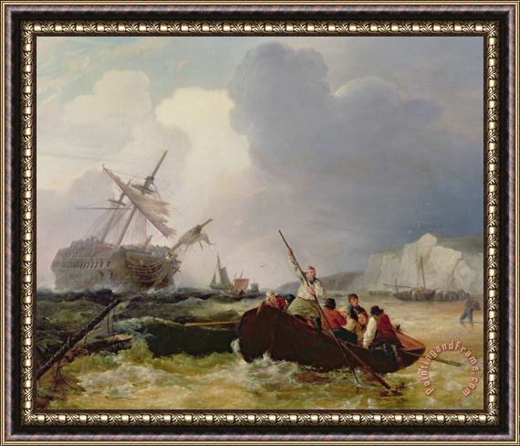 George Chambers Rowing Boat Going to the Aid of a Man-o'-War in a Storm Framed Print