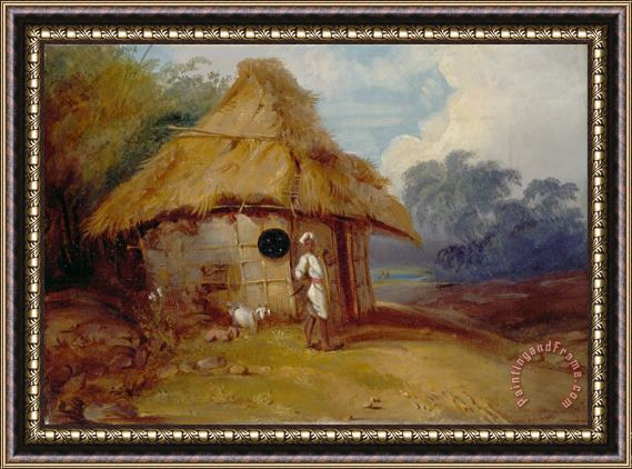 George Chinnery View in Southern India, with a Warrior Outside His Hut Framed Painting