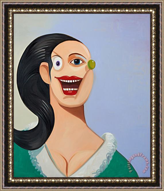 George Condo Smiling Girl with Black Hair Framed Painting