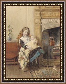 Baby, Bye Bye Framed Paintings - Minding Baby by George Goodwin Kilburne