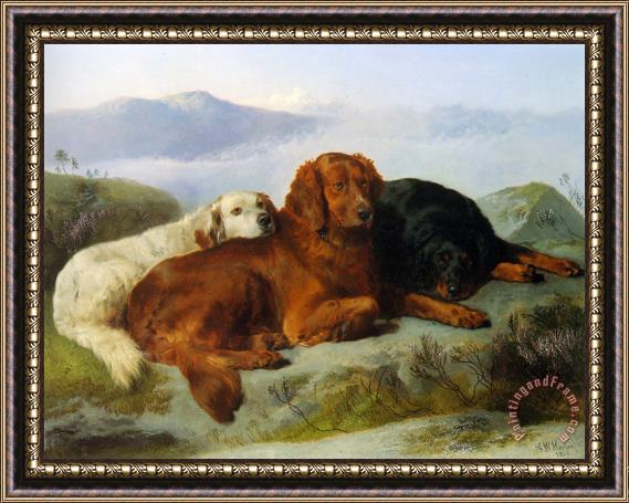 George W. Horlor A Golden Retriever, Irish Setter, And a Gordon Setter in a Mountainous Landscape Framed Painting