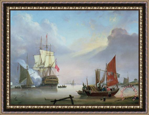George Webster British Man-o'-War off the coast Framed Painting
