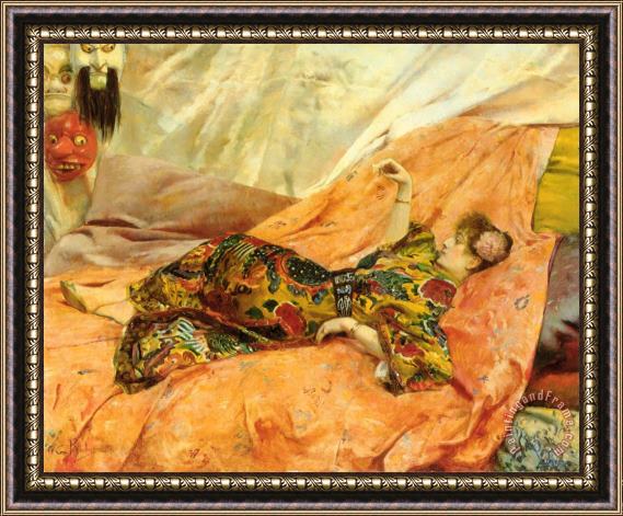 Georges Antoine Rochegrosse A Portrait of Sarah Bernhardt, Reclining in a Chinois Interior Framed Print