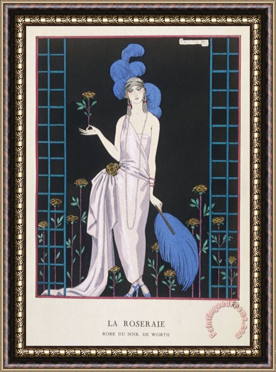 Georges Barbier Asymmetrical Evening Gown by Worth with a Low Diagonal Waistline And a Long Flowing Train Framed Painting