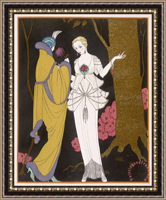 Georges Barbier Mantle with a Yoke Voluminous Sleeves And Fur Trim And Close Fitting Hat with Aigrette Framed Print