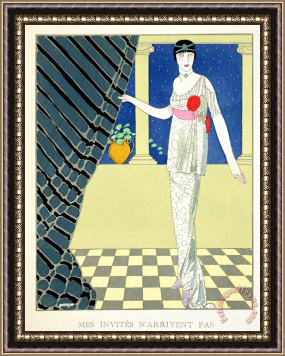 Georges Barbier My Guests Have Not Arrived Illustration of a Woman in a Dress by Redfern Framed Painting