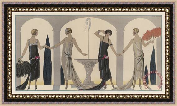 Georges Barbier Sensually Draped Dresses with Narrow Beaded Straps Square Necklines And Detailing Over One Hip Framed Print