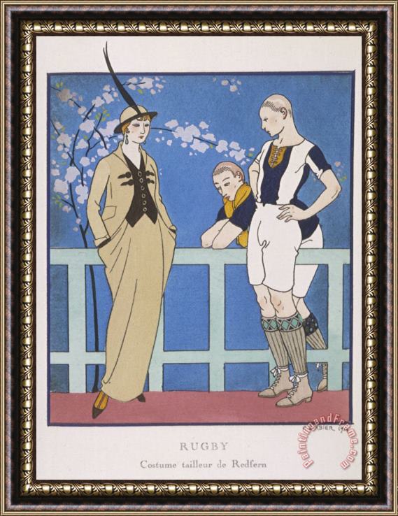 Georges Barbier Tailor Made by Redfern with Draped Skirt with Side Pockets Waistcoat And Jacket Framed Painting
