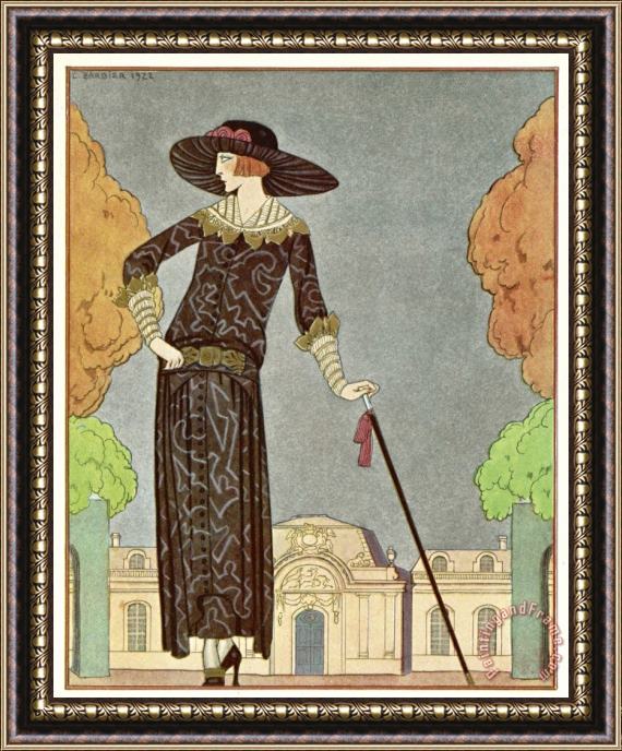 Georges Barbier Two Piece Barrel Line Dress by Beer with Button Front Deep Cuffs En Bouffants Vandyked Collar Framed Painting