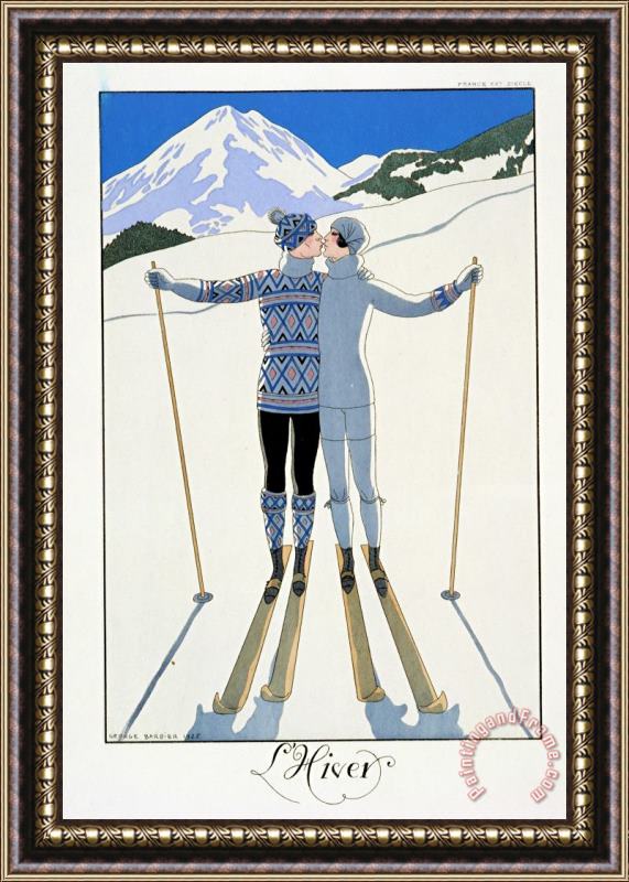 Georges Barbier Winter Lovers in The Snow Fashion Plate From Twentieth Century France 1925 Framed Painting
