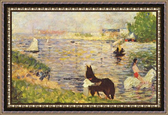 Georges Seurat White And Black Horse in The River Framed Painting