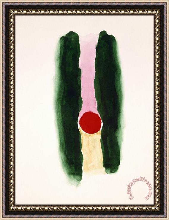 Georgia O'keeffe Abstraction Dark Green Lines with Red And Pink, 1970s Framed Painting