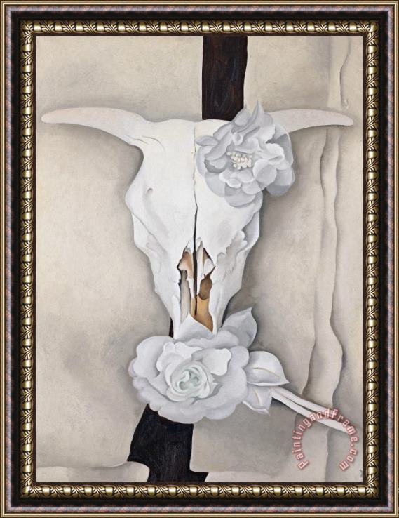 Georgia O'keeffe Cow S Skull with Calico Roses Framed Painting