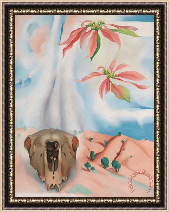 Georgia O'keeffe Mule's Skull with Pink Poinsettias, 1936 Framed Print