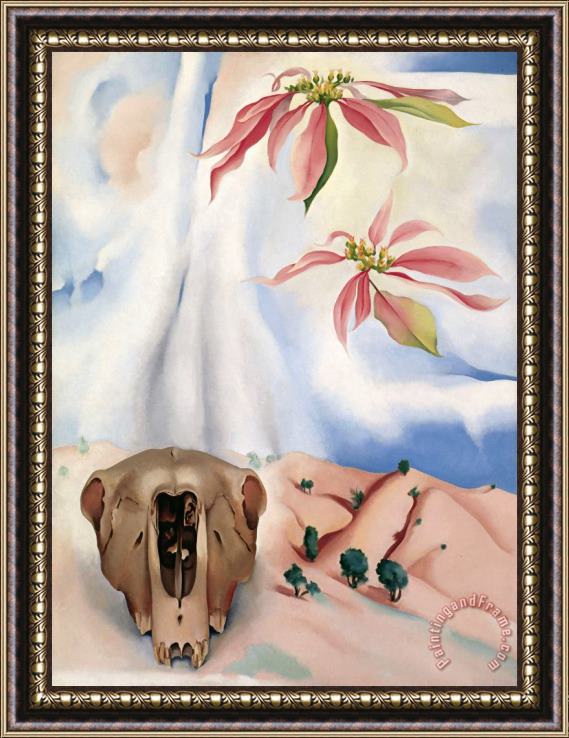 Georgia O'keeffe Mule S Skull with Pink Poinsettias Framed Painting