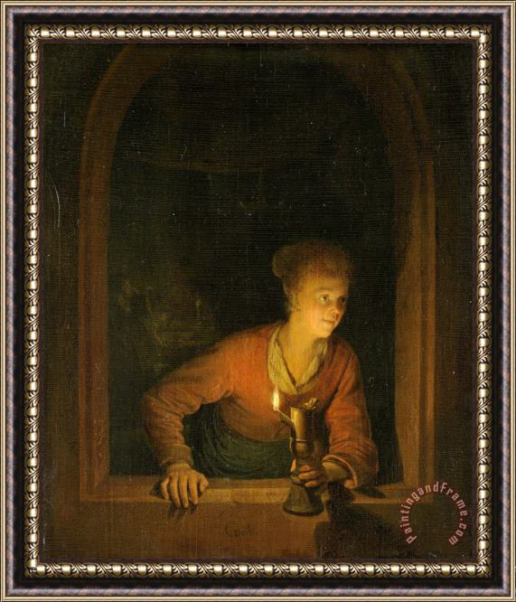 Gerard Dou Girl with an Oil Lamp at a Window Framed Painting