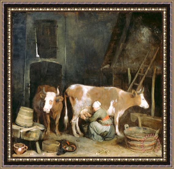 Gerard ter Borch A Maid Milking a Cow in a Barn Framed Print