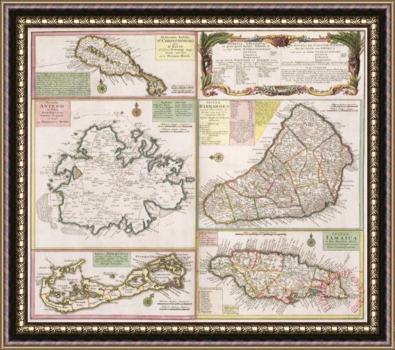 German School Old Map of English Colonies in the Caribbean Framed Print