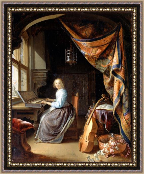 Gerrit Dou A Woman Playing a Clavichord Framed Print