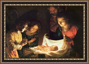 Baby, Bye Bye Framed Paintings - Adoration of the baby by Gerrit van Honthorst