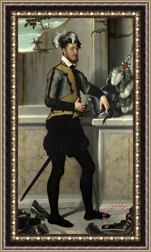 Giovanni Battista Moroni A Knight with His Jousting Helmet Framed Print