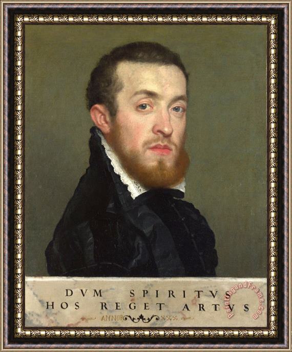 Giovanni Battista Moroni Bust Portrait of a Young Man with an Inscription Framed Painting