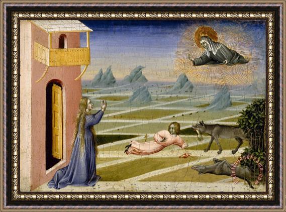 Giovanni di Paolo Saint Clare Rescuing a Child Mauled by a Wolf Framed Painting