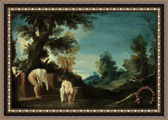 Giovanni F. Barbieri Landscape with Bathing Women Framed Painting