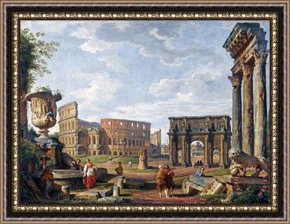 Giovanni Paolo Panini A Capriccio View of Rome with The Colosseum Framed Print