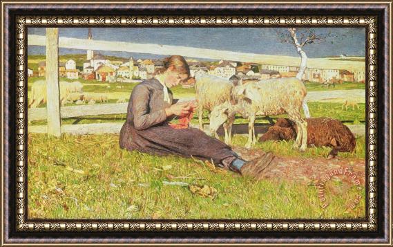 Giovanni Segantini A Girl Knitting Framed Painting