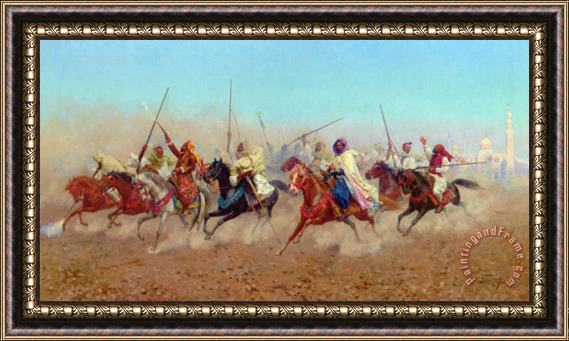 Giulio Rosati Charging Horsemen Outside The Northern Cemetery Framed Painting
