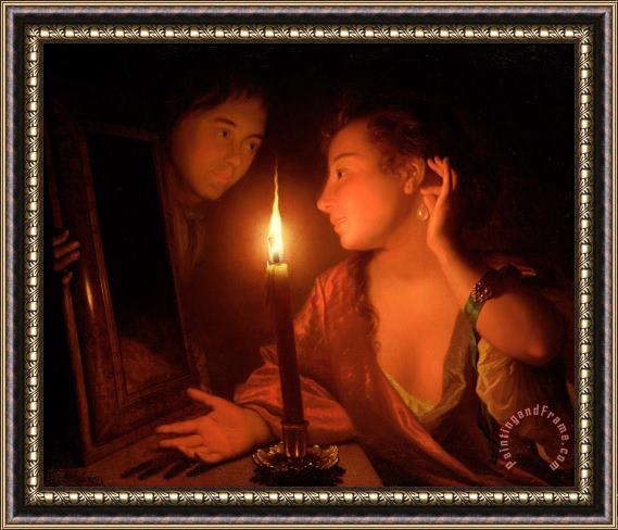 Godfried Schalcken A Lady Admiring An Earring by Candlelight Framed Painting