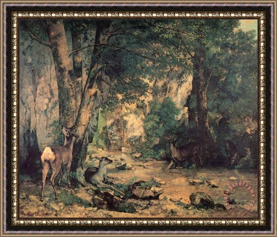 Gustave Courbet A Thicket of Deer at The Stream of Plaisirfountaine Framed Painting