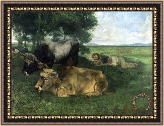 Gustave Courbet La Siesta Pendant La Saison Des Foins (and Detail of Animals Sleeping Under a Tree) Framed Print