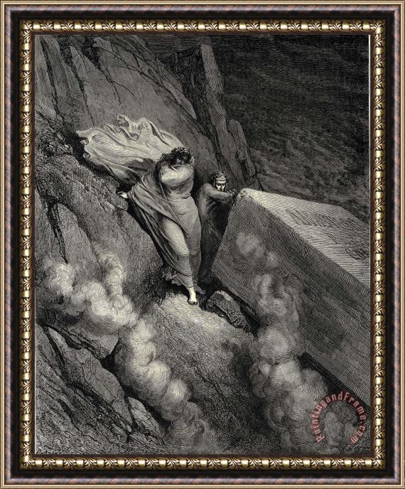 Gustave Dore The Inferno, Canto 11, Lines 67 From The Profound Abyss, Behind The Lid of a Great Monument We Stood Retir’d Framed Print