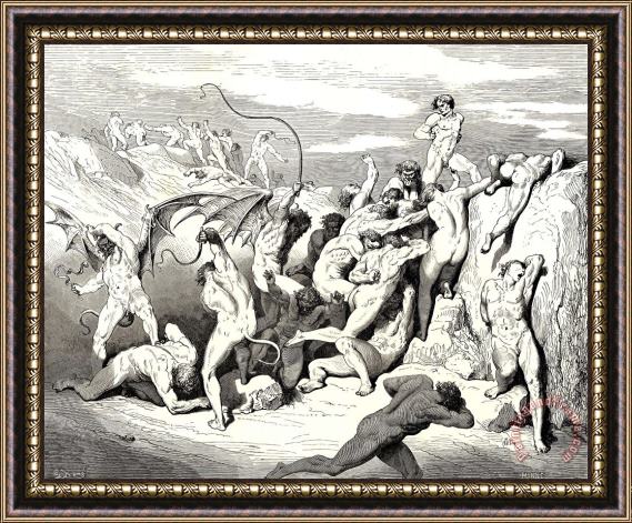 Gustave Dore The Inferno, Canto 18, Line 38 Ah! How They Made Them Bound at The First Stripe! Framed Painting