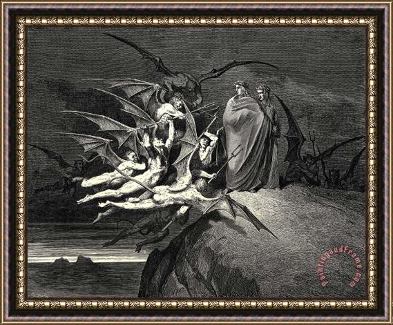 Gustave Dore The Inferno, Canto 21, Line 70 “be None of You Outrageous.” Framed Print