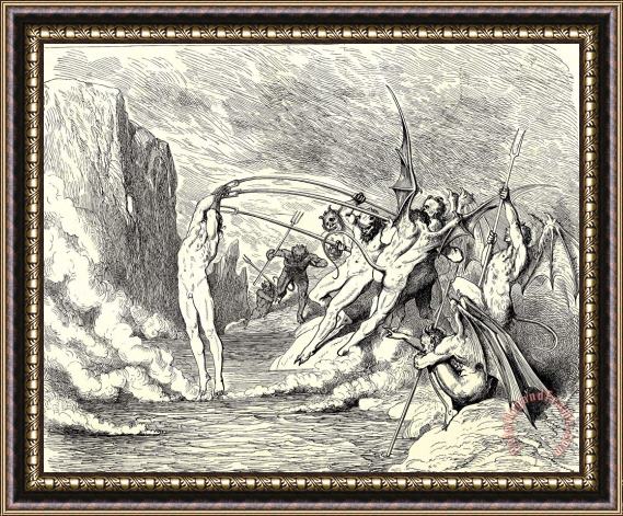 Gustave Dore The Inferno, Canto 21, Lines 5051 This Said, They Grappled Him with More Than Hundred Hooks Framed Painting