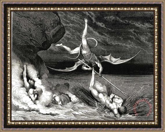 Gustave Dore The Inferno, Canto 22, Line 70 in Pursuit He Therefore Sped, Exclaiming; “thou Art Caught.” Framed Print