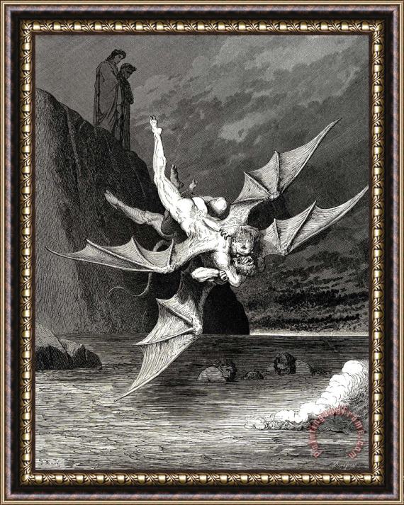 Gustave Dore The Inferno, Canto 22, Lines 137139 But The’ Other Prov’d a Goshawk Able to Rend Well His Foe; And in The Boiling Lake Both Fell. Framed Painting