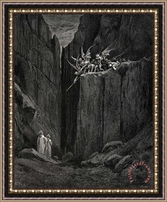 Gustave Dore The Inferno, Canto 23, Lines 5254 Scarcely Had His Feet Reach’d to The Lowest of The Bed Beneath, When Over Us The Steep They Reach’d Framed Print