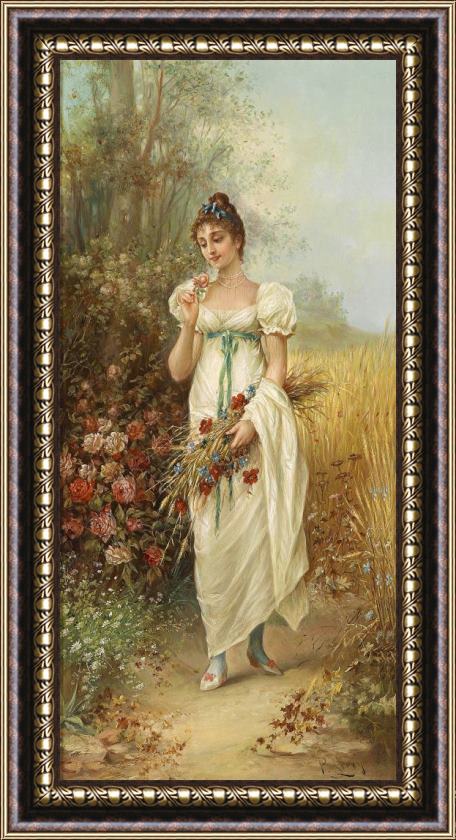 Hans Zatzka Circle Girl with Meadow Flowers And Roses Framed Print