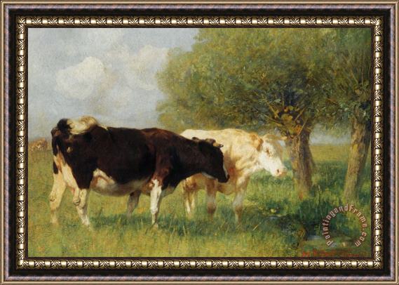 Heirich Von Zugel Two Cows in a Meadow Framed Painting