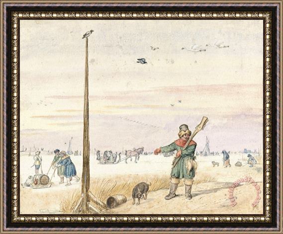 Hendrick Avercamp Duck Hunter with Game in His Belt on The Edge of a Frozen River Framed Painting