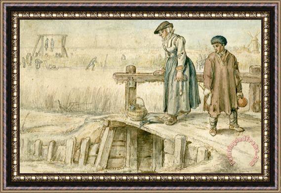 Hendrick Avercamp Winter Scene; a Woman And a Boy on a Small Bridge Framed Painting