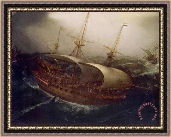 Hendrick Cornelisz Vroom Dutch Battleship in a Storm Framed Painting