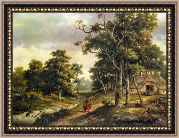 Hendrik Barend Koekkoek Peasant Woman And a Boy in a Wooded Landscape Framed Painting