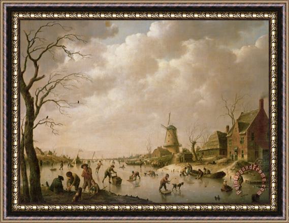 Hendrik Willem Schweickardt Skaters on a Frozen Canal Framed Painting